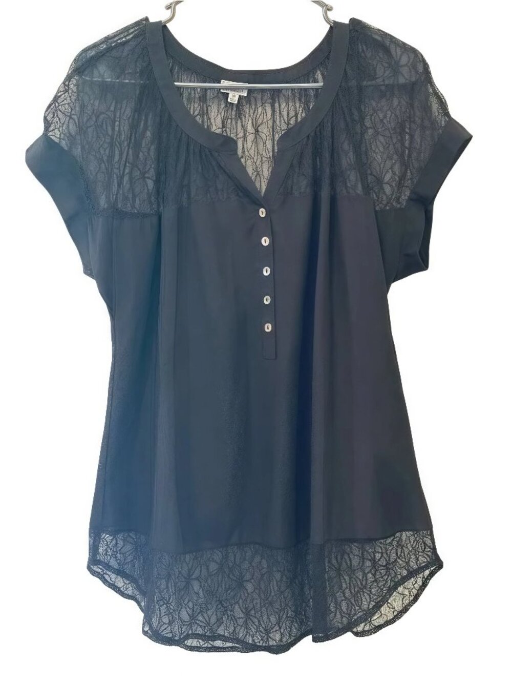 Charming Charlie Black Lace Henley Mesh Lace Whimsical Blouse